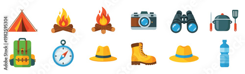 Collection of flat design vector icons representing essential gear for camping, hiking, and outdoor adventures, perfect for nature tourism promotions and digital media projects.