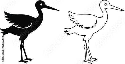 Stork Bird Silhouette and Outline Vector Illustration, Flying Heron Icon Set