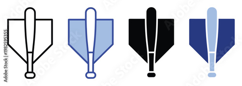 Modern baseball bat and shield icon set for sports applications, athletic achievement awards, and championship event branding on various digital platforms and printed materials