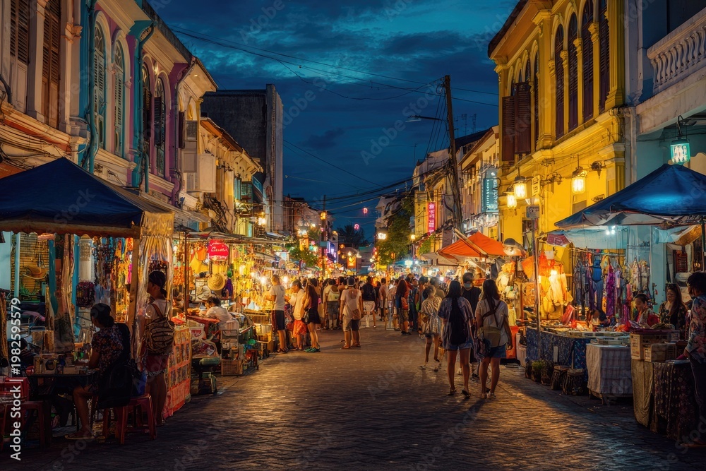 Fototapeta premium A vibrant night market scene unfolds along a bustling street lined with colorful buildings and illuminated stalls.