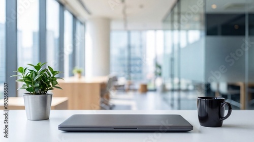 Office desk with closed laptop plant and coffee mug in modern workspace clean environment