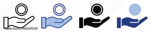 Versatile graphic set depicting an open hand and a coin, signifying currency exchange, financial aid, income, or payment transactions in various applications.