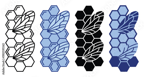 Set of hexagonal beehive cells combined with abstract insect wings in multiple color schemes including outline, solid, and twotone blue, ideal for logos, labels, and ecological themes.