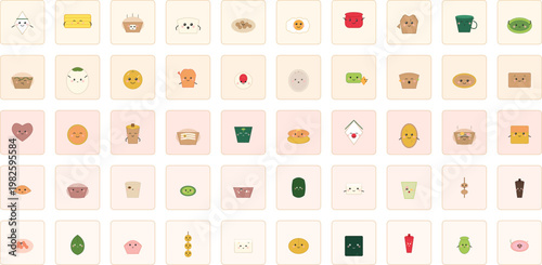 Food Icon Set Featuring Cute Kawaii Characters Representing Various Asian Snacks And Delicious Meals In A Colorful Flat Vector Illustration Style For Modern Culinary Design Projects