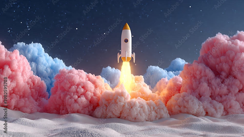 Naklejka premium Rocket launch ascending through pink and blue clouds represents business growth and successful startup ventures reaching for the stars in a surreal night sky