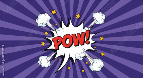 Comic book style pow exclamation inside an explosive white speech bubble on a purple and dark blue sunburst background.
