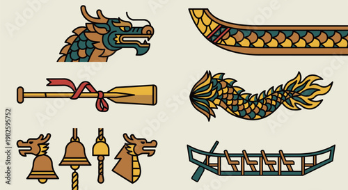 Detailed dragon boat elements set with head scales tail and rowing equipment for professional sports design and traditional festival decoration