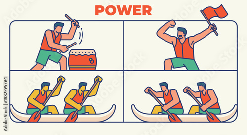 Dragon boat racing athletes scenes set showing drumming rowing and celebrating victory with power text for team cooperation and sportsmanship
