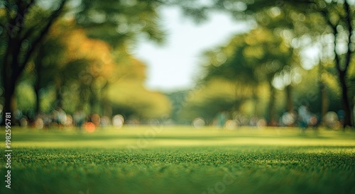 A soft, blurred view of a lush green park with trees and indistinct figures, creating a tranquil and dreamlike atmosphere.