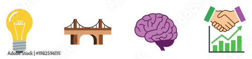 Conceptual business icons representing innovation, problem solving, intelligent strategy, and successful financial growth for corporate presentations and educational materials.