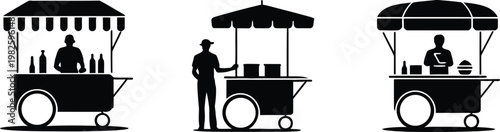 Street food stall silhouettes with vendors serving customers under umbrellas for local market vector.