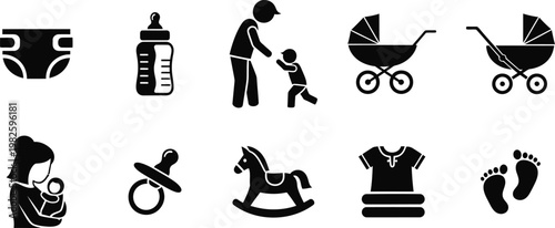 Baby Care and Parenting Vector Icons Set for Newborn and Infant Needs