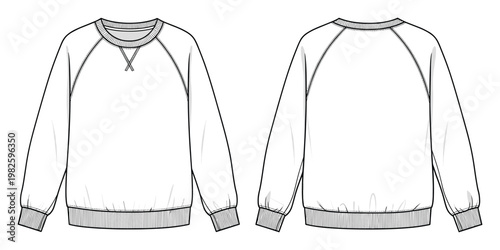 White sweatshirt technical flat sketch with raglan sleeves and ribbed details, showing front and back views for garment specification and product development