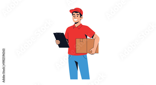 Smiling delivery man in a red uniform and cap holding a cardboard box package and a clipboard for shipping and logistics service illustration.