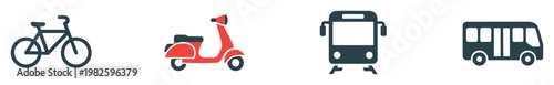 Collection of diverse transportation icons representing various modes including bicycle, scooter, tram, and bus, useful for urban mobility applications, travel infographics, and public