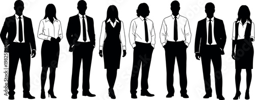 Vector silhouette group of corporate business professionals standing together in formal attire for office team leadership and corporate workforce concepts.
