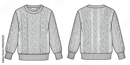 Detailed black and white cable knit crew neck sweater technical drawing showcasing front and back views, perfect for apparel design, fashion illustration, and clothing production reference