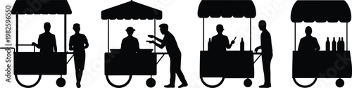 Outdoor market cart silhouettes with merchants and people interacting at mobile food stalls vector.