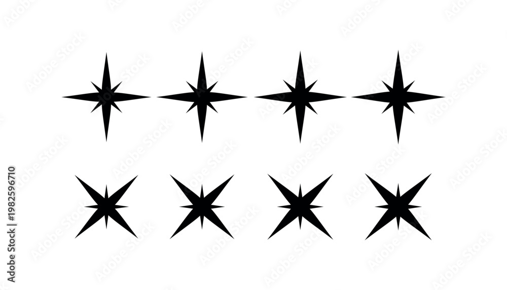 Obraz premium Eight black starburst shapes arranged in two rows on white background with starburst