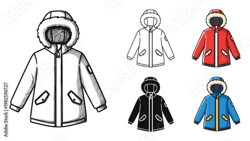 Winter parka jackets set with furlined hood and practical pockets presented in various styles perfect for cold weather clothing catalogs and seasonal apparel graphics