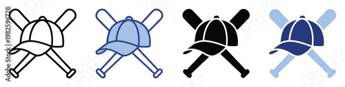 Baseball cap and crossed bats icon set in outline and solid styles perfect for sports applications, team logos, and game user interfaces