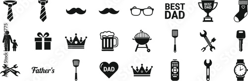 Father's Day Icons with Key, Remote, Socks, BBQ, and Best Dad Symbols