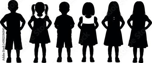 Group of six children silhouettes standing in a row vector illustration isolated on white background for kindergarten or school design.