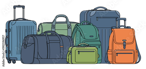 Collection of various travel bags including multiple wheeled suitcases duffel bags and backpacks for vacation journey and tourism concepts