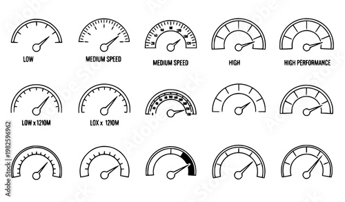 Speedometer Outline Icon Collection Linear Gauge Meter Symbols Editable Stroke Performance Indicator Vector Set