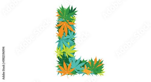 Large letter L formed by various colorful stylized cannabis or marijuana leaves in green orange and blue tones on a white background.