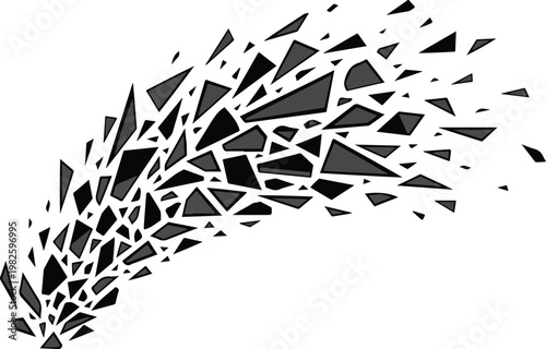 Abstract particle explosion effect, geometric shapes fragmenting and scattering into a dynamic motion, representing disintegration and chaos