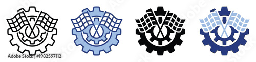 Gear symbol and crossed checkered racing flags icon set representing mechanical engineering, high performance, and competitive speed, suitable for automotive branding and sports event