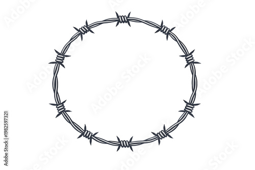 Barbed Wire Circle Frame Vector Illustration, Restrictive Border Made of Sharp Metal Wire with Barbs, Minimalist Flat Design for Security, Prison, War, or Boundary Concepts on White Background.