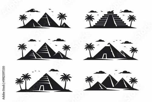 Ancient Pyramid Silhouette Icons Set with Egyptian Giza and Mayan Aztec Temples, Palm Trees, Clouds, and Birds in a Desert Landscape. Simple Flat Vector Illustration for Travel and History.