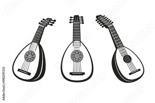 Set of three black and white lute vector illustrations featuring historical stringed musical instruments from different perspectives, simple flat design icons for music, history, and culture.