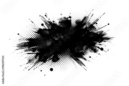 Abstract Black Ink Blob with Halftone Grunge Texture, Artistic Paint Stroke Splatter and Watercolor Splash on White Background, Urban Street Art Style Vector Illustration for Creative Design