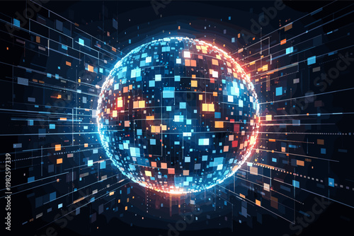 Abstract Digital 3D Sphere Representing Big Data and Quantum Computing Algorithms. Futuristic Global Network Connection with Glowing Blue and Orange Pixels on Dark Background. Cyber Technology.