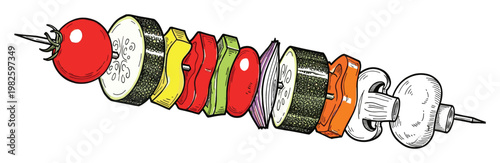 Colorful grilled vegetable skewer with fresh tomato zucchini bell pepper onion and mushroom for healthy cooking recipes and barbecue menus