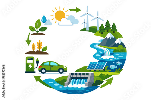 Circular diagram of green energy and nature elements including solar panels, wind turbines, hydroelectric dam, electric car, and plants. Sustainable ecosystem and renewable power concept vector.