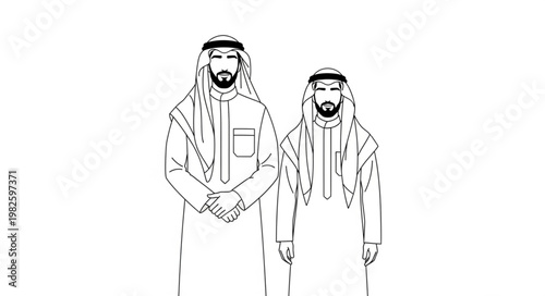 Two Arab men in traditional attire standing together in a drawing.
