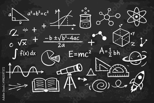 Educational background featuring hand-drawn white chalk sketches of mathematical formulas, physics equations, science symbols, and geometry tools on a classic black chalkboard for school themes.