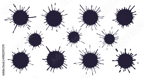 Collection of twelve dark purple ink or paint splatters and blots for creative artistic design elements and messy textured backgrounds.