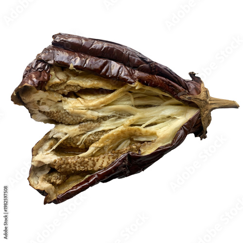 Принти на полотні Decaying eggplant, cut in half to reveal its seedy interior, isolated on a transparent background for design