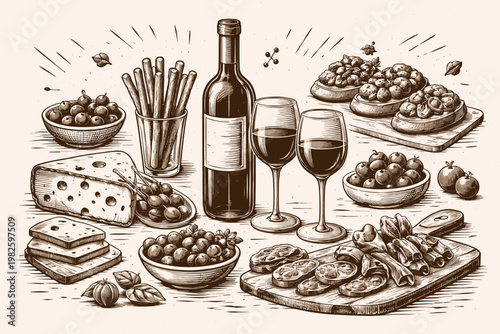 Retro Hand-Drawn Wine and Appetizers Illustration with Bottle, Glasses, Cheese, Olives, and Charcuterie; Vintage Monochrome Engraving Style Vector for Restaurant Menu, Poster, and Wall Art Decor