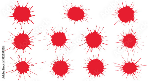 Collection of eleven bright red ink or paint splatters and blots for creative artistic design elements and bloody textured backgrounds.