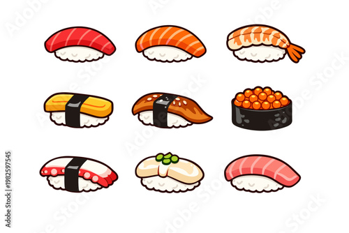 Traditional Japanese Sushi Nigiri Icons Set Featuring Salmon, Tuna, Shrimp, Eel, Egg, Octopus, and Ikura. Flat Vector Illustration of Delicious Seafood Delicacies for Restaurant Menu and Branding.