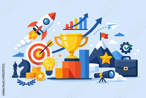 Success and Achievement Concept Illustration with Rocket Launch, Golden Trophy, Business Growth Charts, Target, Lightbulb Idea, Strategy Chess Pieces, and Financial Wealth Symbols in Flat Style.