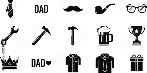 Father's Day Icons with Beer, Tools, Shirt, and Dad Typography Vector Set