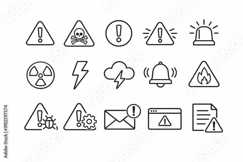 Warning and Alert Outline Icon Set with Caution Triangles, Error Notifications, Emergency Alarms, Radiation, Toxic Hazard, Fire Danger, Lightning, Storm, and System Bug Symbols for Web and App UI
