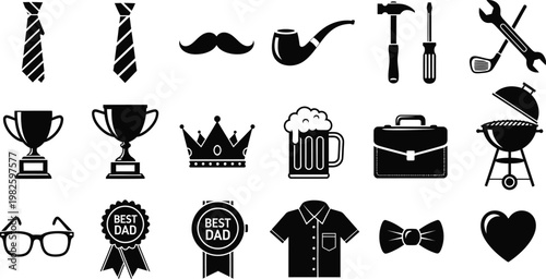 Father's Day Icons with Beer, Tools, Briefcase, and Best Dad Awards Vector